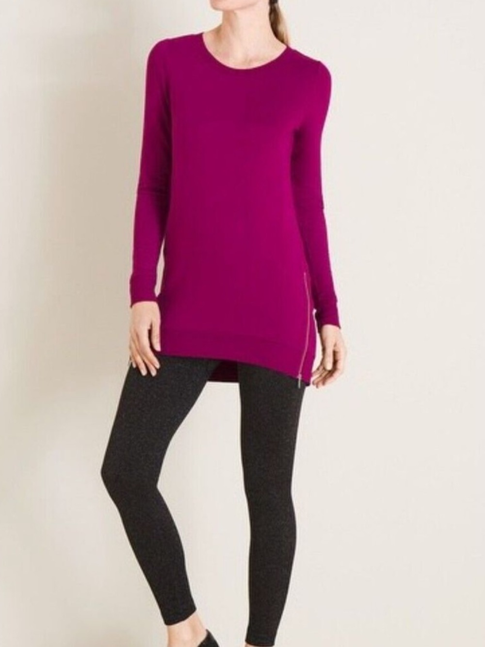 Chico's Zenergy Side Zip Tunic Long Sleeve Electric Magenta Crewneck Top